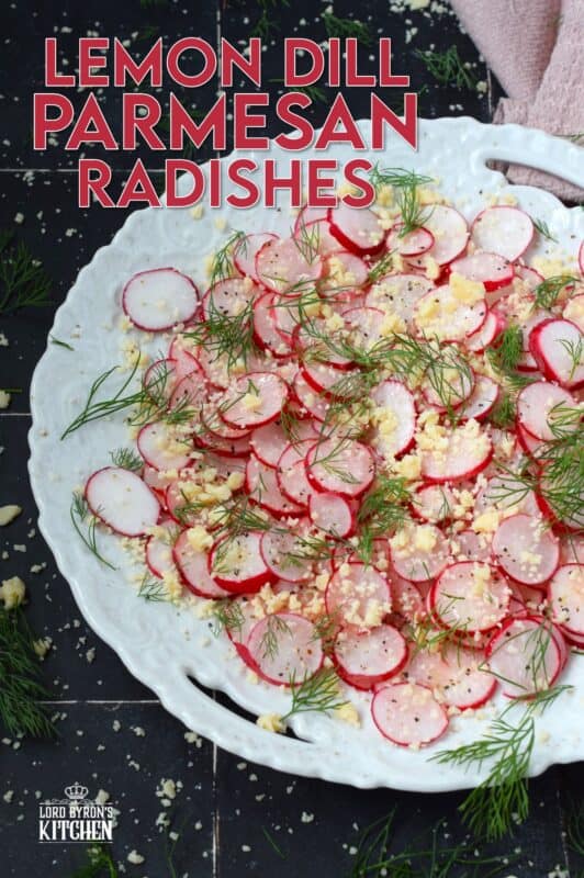 Combine the peppery crunch of freshly sliced radishes with the acidity of a lemon, the nutty saltiness of parmesan, and the bright, freshness of dill to make a light and refreshing side, salad, or snack! #radishes #radish #salad #peppery #parmesan #fresh #snack