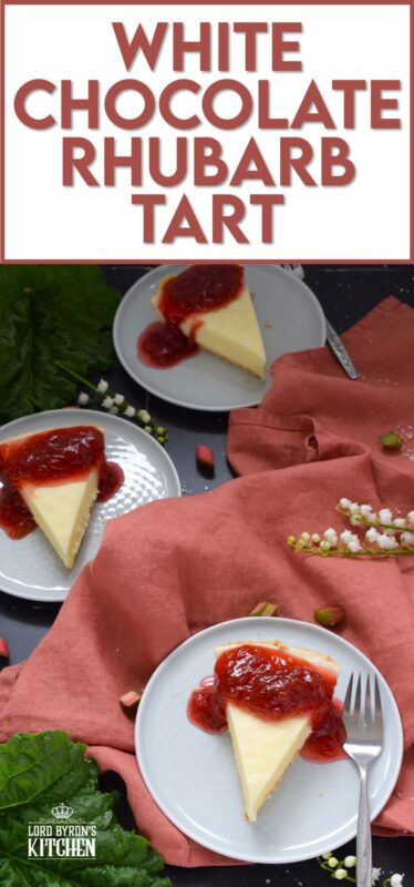 This White Chocolate Rhubarb Tart is a no-bake dessert that requires only four ingredients for the pie itself! The sweet, silky, and creamy filling is a perfect match for the tartness of the homemade rhubarb compote! #rhubarb #compote #tart #pie #nobake #white #chocolate
