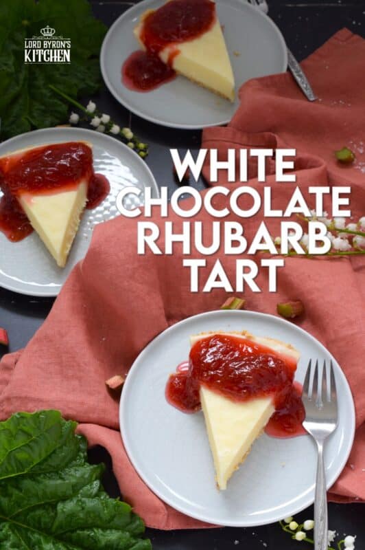 This White Chocolate Rhubarb Tart is a no-bake dessert that requires only four ingredients for the pie itself! The sweet, silky, and creamy filling is a perfect match for the tartness of the homemade rhubarb compote! #rhubarb #compote #tart #pie #nobake #white #chocolate