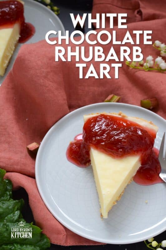 This White Chocolate Rhubarb Tart is a no-bake dessert that requires only four ingredients for the pie itself! The sweet, silky, and creamy filling is a perfect match for the tartness of the homemade rhubarb compote! #rhubarb #compote #tart #pie #nobake #white #chocolate