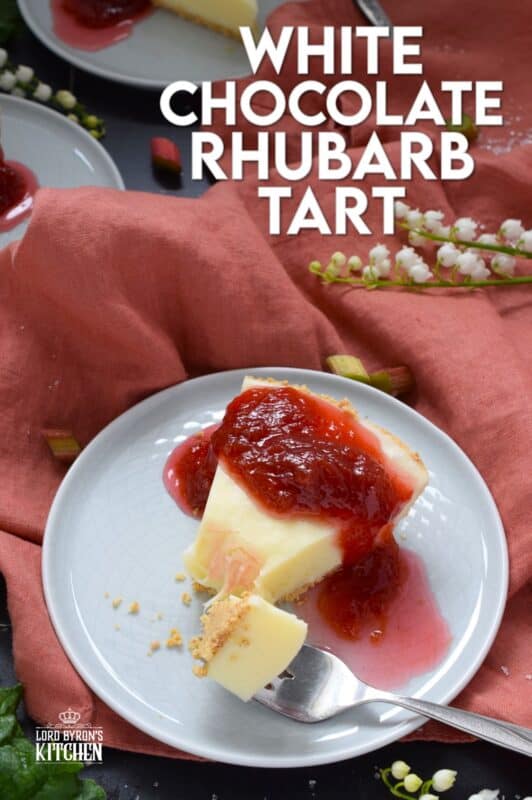 This White Chocolate Rhubarb Tart is a no-bake dessert that requires only four ingredients for the pie itself! The sweet, silky, and creamy filling is a perfect match for the tartness of the homemade rhubarb compote! #rhubarb #compote #tart #pie #nobake #white #chocolate