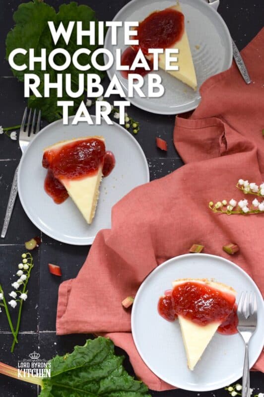 This White Chocolate Rhubarb Tart is a no-bake dessert that requires only four ingredients for the pie itself! The sweet, silky, and creamy filling is a perfect match for the tartness of the homemade rhubarb compote! #rhubarb #compote #tart #pie #nobake #white #chocolate
