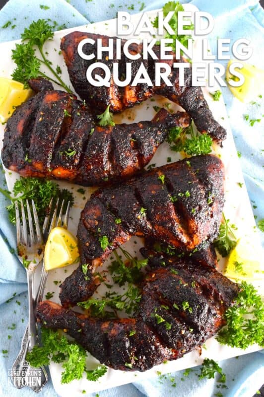 These Baked Chicken Leg Quarters are super easy to prepare! Not only are they savoury with a little spiciness, they're also flavoured with some common Asian ingredients. Deeply scoring the chicken creates opportunity for the seasoning to sink into the chicken, making the often overlooked chicken leg deliciously enjoyable! #chicken #quarters #legs #baked #oven