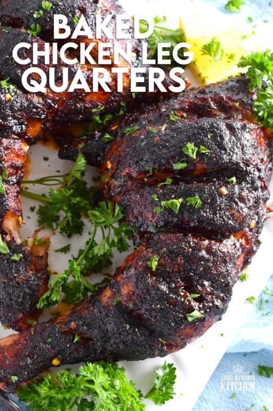 These Baked Chicken Leg Quarters are super easy to prepare! Not only are they savoury with a little spiciness, they're also flavoured with some common Asian ingredients. Deeply scoring the chicken creates opportunity for the seasoning to sink into the chicken, making the often overlooked chicken leg deliciously enjoyable! #chicken #quarters #legs #baked #oven