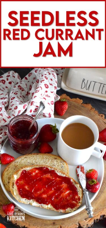 Prepared with summer fresh berries, sugar, and water, Seedless Red Currant Jam is one of my favourite ways to preserve those juicy, red berries! This recipe is very easy and you can easily reduce the number of jars it makes by dividing the ingredient amounts. Additionally, if you don't mind jam with seeds, you can skip the straining part! #redcurrant #currants #seedless #jam #jelly