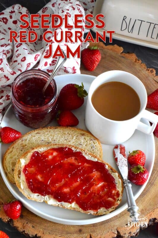 Prepared with summer fresh berries, sugar, and water, Seedless Red Currant Jam is one of my favourite ways to preserve those juicy, red berries! This recipe is very easy and you can easily reduce the number of jars it makes by dividing the ingredient amounts. Additionally, if you don't mind jam with seeds, you can skip the straining part! #redcurrant #currants #seedless #jam #jelly