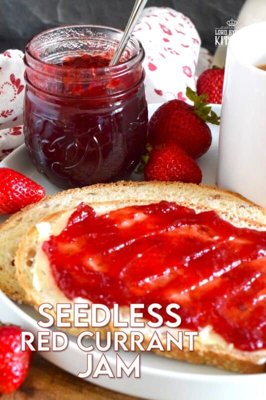 Prepared with summer fresh berries, sugar, and water, Seedless Red Currant Jam is one of my favourite ways to preserve those juicy, red berries! This recipe is very easy and you can easily reduce the number of jars it makes by dividing the ingredient amounts. Additionally, if you don't mind jam with seeds, you can skip the straining part! #redcurrant #currants #seedless #jam #jelly