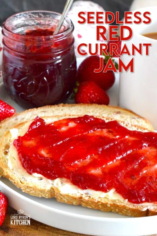 Prepared with summer fresh berries, sugar, and water, Seedless Red Currant Jam is one of my favourite ways to preserve those juicy, red berries! This recipe is very easy and you can easily reduce the number of jars it makes by dividing the ingredient amounts. Additionally, if you don't mind jam with seeds, you can skip the straining part! #redcurrant #currants #seedless #jam #jelly