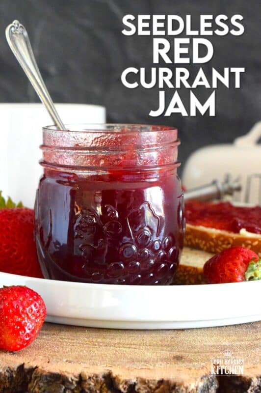 Prepared with summer fresh berries, sugar, and water, Seedless Red Currant Jam is one of my favourite ways to preserve those juicy, red berries! This recipe is very easy and you can easily reduce the number of jars it makes by dividing the ingredient amounts. Additionally, if you don't mind jam with seeds, you can skip the straining part! #redcurrant #currants #seedless #jam #jelly
