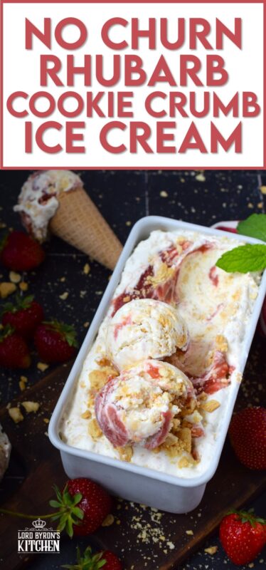 The combination of sweet and tart is what makes this No Churn Rhubarb Cookie Crumb Ice Cream so delicious! First, prepare a quick and easy rhubarb compote with fresh rhubarb, sugar, and lemon. Once cooled, swirl it into the ice cream mixture to create the most heavenly frozen rhubarb dessert! #rhubarb #icecream #dessert #nochurn