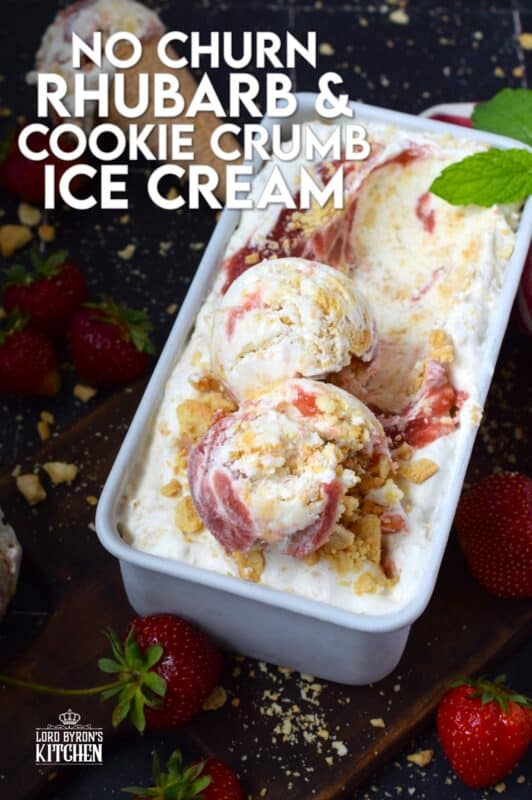 The combination of sweet and tart is what makes this No Churn Rhubarb Cookie Crumb Ice Cream so delicious! First, prepare a quick and easy rhubarb compote with fresh rhubarb, sugar, and lemon. Once cooled, swirl it into the ice cream mixture to create the most heavenly frozen rhubarb dessert! #rhubarb #icecream #dessert #nochurn
