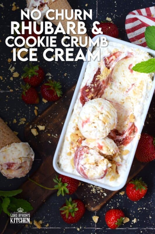 The combination of sweet and tart is what makes this No Churn Rhubarb Cookie Crumb Ice Cream so delicious! First, prepare a quick and easy rhubarb compote with fresh rhubarb, sugar, and lemon. Once cooled, swirl it into the ice cream mixture to create the most heavenly frozen rhubarb dessert! #rhubarb #icecream #dessert #nochurn