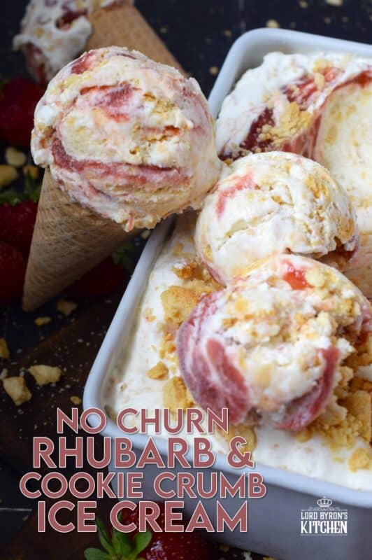 The combination of sweet and tart is what makes this No Churn Rhubarb Cookie Crumb Ice Cream so delicious! First, prepare a quick and easy rhubarb compote with fresh rhubarb, sugar, and lemon. Once cooled, swirl it into the ice cream mixture to create the most heavenly frozen rhubarb dessert! #rhubarb #icecream #dessert #nochurn