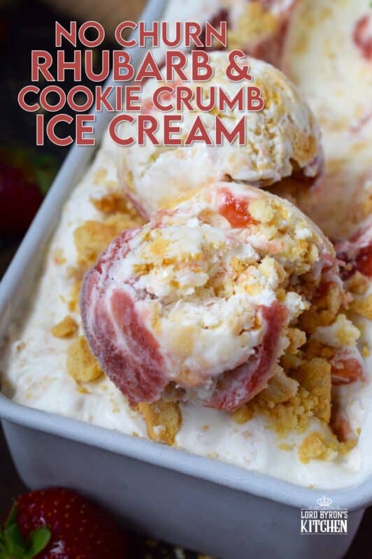 The combination of sweet and tart is what makes this No Churn Rhubarb Cookie Crumb Ice Cream so delicious! First, prepare a quick and easy rhubarb compote with fresh rhubarb, sugar, and lemon. Once cooled, swirl it into the ice cream mixture to create the most heavenly frozen rhubarb dessert! #rhubarb #icecream #dessert #nochurn