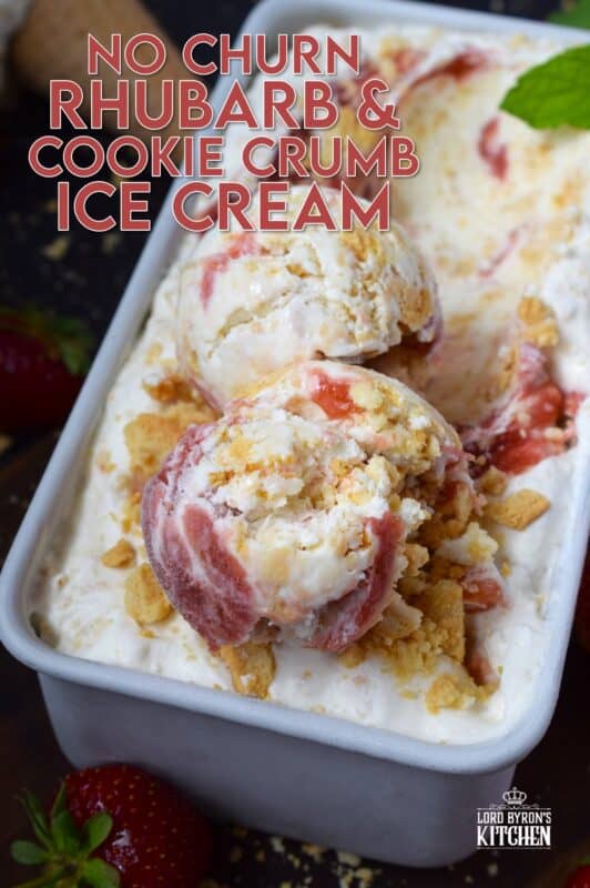 The combination of sweet and tart is what makes this No Churn Rhubarb Cookie Crumb Ice Cream so delicious! First, prepare a quick and easy rhubarb compote with fresh rhubarb, sugar, and lemon. Once cooled, swirl it into the ice cream mixture to create the most heavenly frozen rhubarb dessert! #rhubarb #icecream #dessert #nochurn
