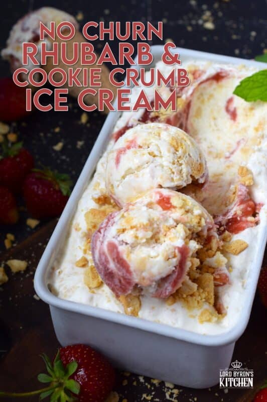 The combination of sweet and tart is what makes this No Churn Rhubarb Cookie Crumb Ice Cream so delicious! First, prepare a quick and easy rhubarb compote with fresh rhubarb, sugar, and lemon. Once cooled, swirl it into the ice cream mixture to create the most heavenly frozen rhubarb dessert! #rhubarb #icecream #dessert #nochurn